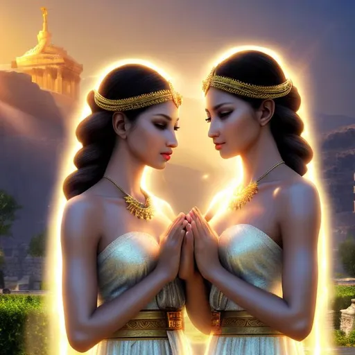 Prompt: HD 4k 3D 8k professional modeling photo hyper realistic beautiful twin maiden women ethereal greek goddesses of prayer
short brown hair brown eyes gorgeous face black skin shiny robes jewelry headbands full body surrounded by magic glorious glow hd landscape background two twin women praying in Zeus temple