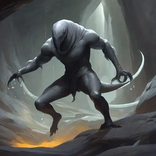 Prompt: {{{{{{{Gelatinous Body}}}}}}}, Full Body Grey Skin, Grey Slime Body, humanoid claws, slender lizard tail, {{no facial features}}, {no face},{{{no eyes}}}, floating psionic daggers around, fantasy setting, cave background, combat stance, sketch, drawing