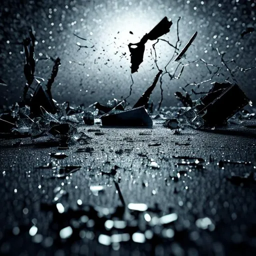 Prompt: hyperrealistic image of broken glass in a dark environment, lot of reflections