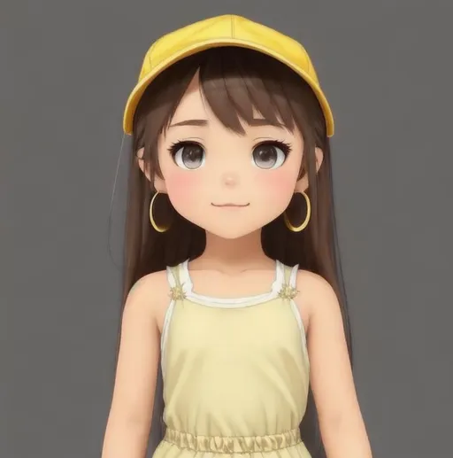 Prompt: A  young girl with chocolate brown hair that goes all the way down to her bottom, with hazel brown eyes and light tan skin, wearing comfy shorts and a sleeveless and strapless shirt and a cap all light yellow, also wearing light blue heart earrings, in a hand-drawn, storybook style, 2D. Perfect features, extremely detailed. Krenz Cushart + loish +gaston bussiere +craig mullins, j. c. leyendecker +Artgerm.
