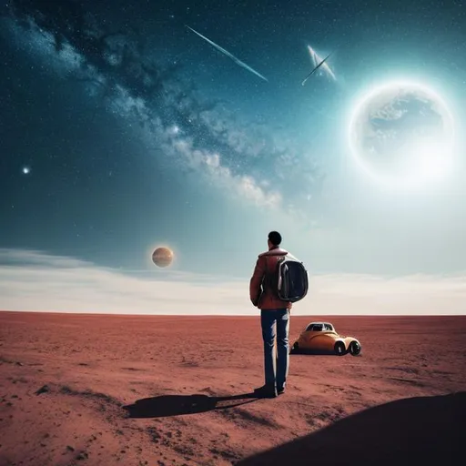 Prompt: man standing on a planet in outerspace with a car, 
