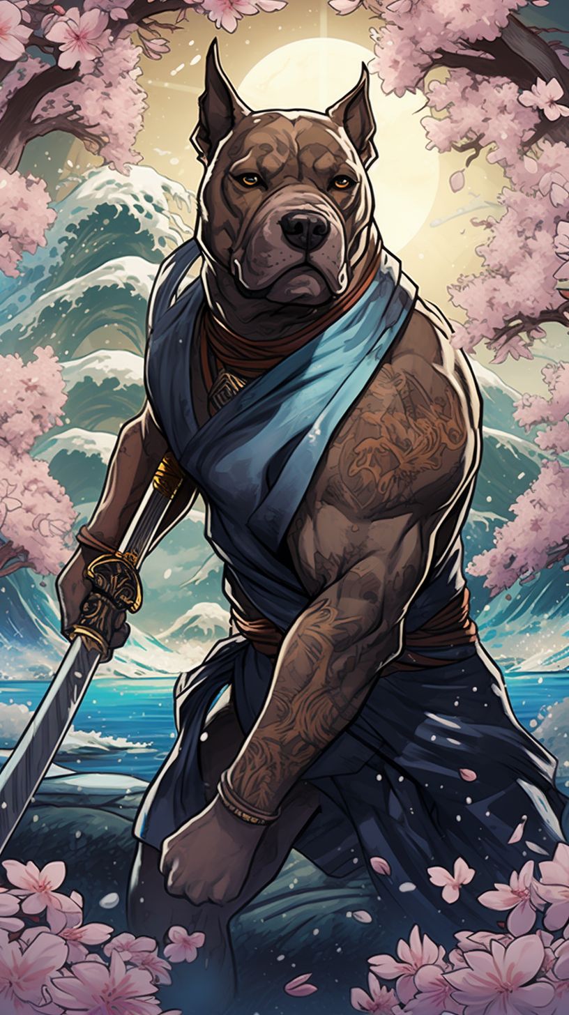 Prompt: A brindle pitbull in a japanese anime style brandishing a blue water sword shaped like a whaling harpoon, ready for battle, anthropromorphic, scar over left eye, closed left eye, dynamic pose, background cherry blossom trees in bloom --v 5.2 --ar 16:9