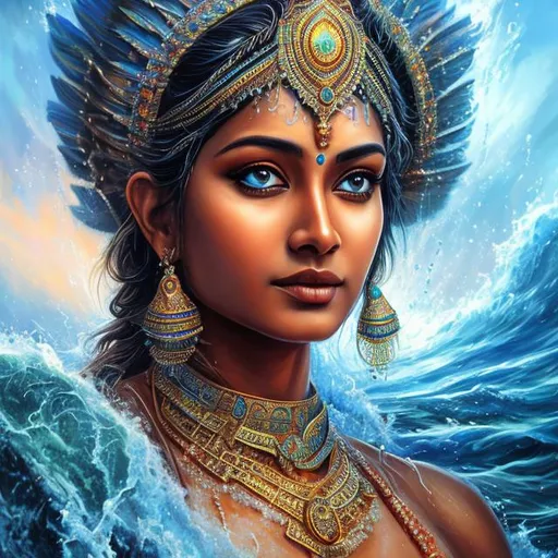 Prompt: High-resolution hyper realistic painting of {indian water goddess} [nayathra] , uhd, hdr, 64k, epic scene, crown, upper body, sharp edges, ocean wave armor, river hair, blue eyes
