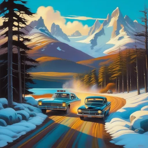 Prompt: Tierra del Fuego, car chase, rural, cartoony, cold atmosphere, extremely detailed painting by Greg Rutkowski and by Henry Justice Ford and by Steve Henderson