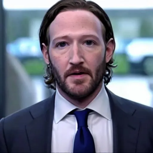 Prompt: cinematic still of bearded protagonist Mark Zuckerberg cosplaying as John Wick Zuckerberg in a suit with long hair running in the rain while aiming a pistol shooting a gun in the movie Mark Zuckerberg John Wick (2020)