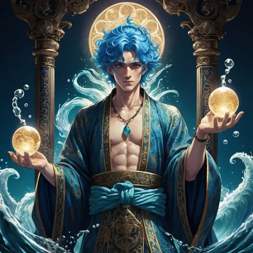 Prompt: tarot card Anime illustration, a blue-haired man, detailed ornate cloth robe, dramatic lighting, water God, king, merman tail