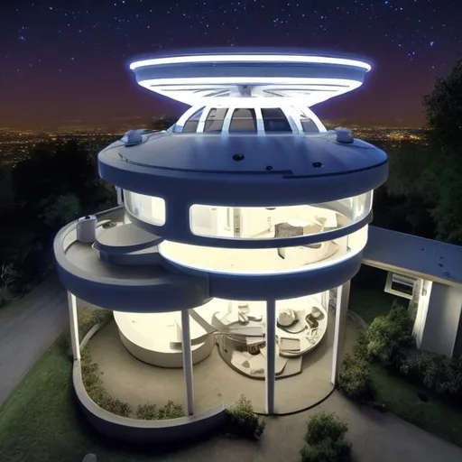 Prompt: Futuristic Time Machine hovering over house at night
