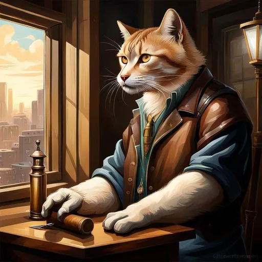 Prompt: Third-person, full body of character in view, sharp nose, kind eyes, and a wise expression, weathered and rugged, mechanical arm, smoking a cigar by the window, lights from blinds, Khajit, leather jacket, highest quality concept art masterpiece, oil painting, intricate details, professional, highly detailed,