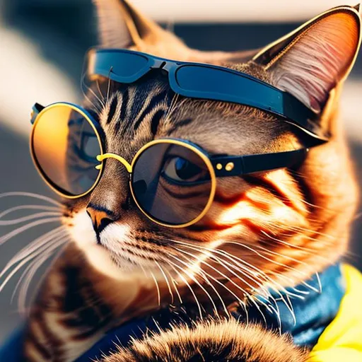 Prompt: a cat wearing sun glasses and jacket