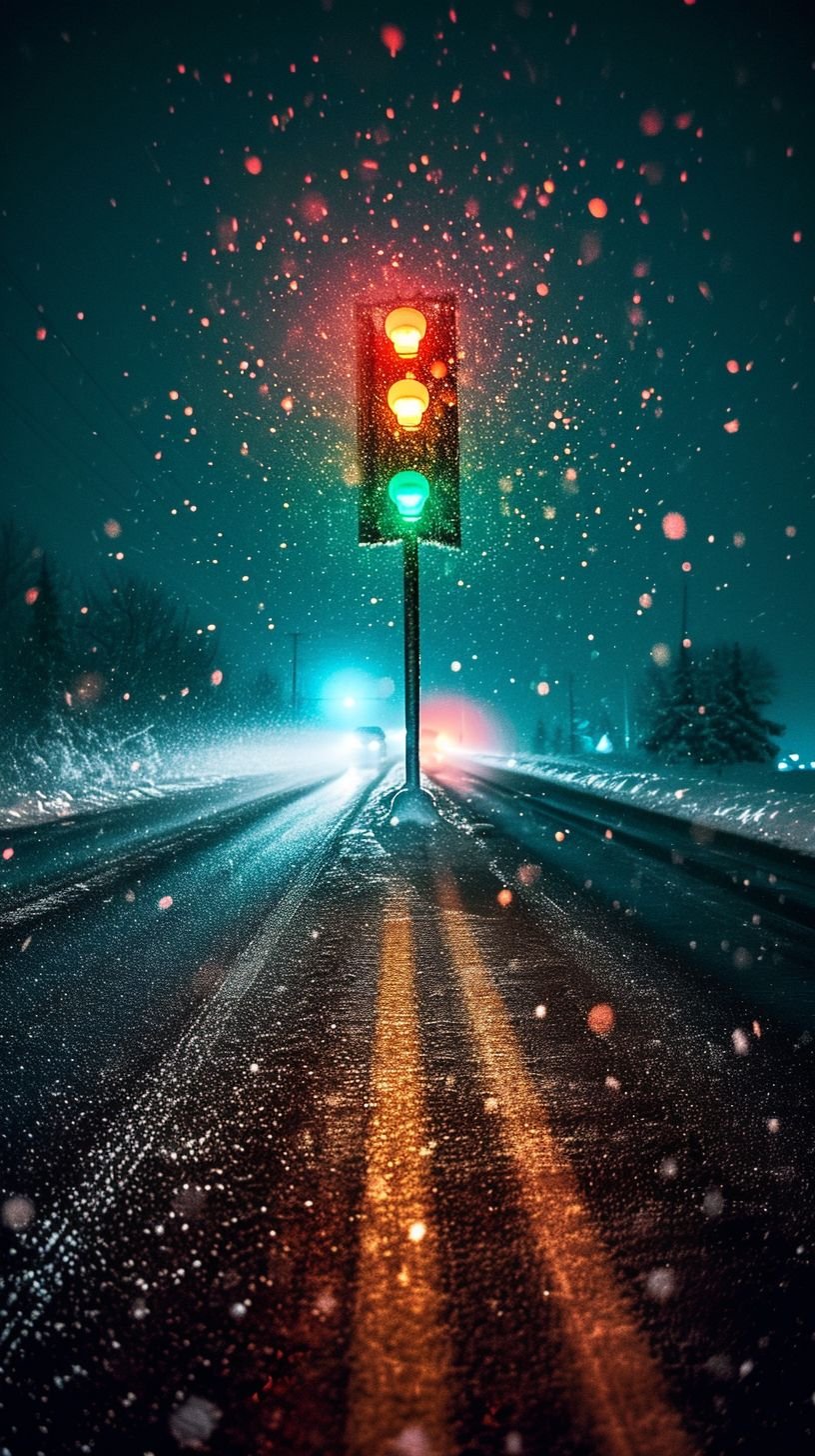 Prompt: Traffic Light Long Exposure, shining onto a deserted black road below it, reflecting on bits on snowflakes caught in the wind, night time --ar 9:16 --v 6.0