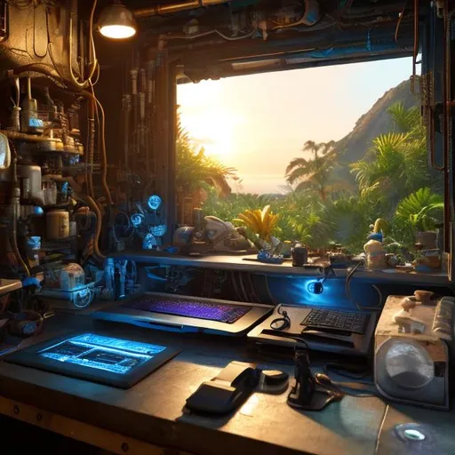 Prompt: futuristic, cyberpunk, organized, workbench, tropical view window, mechanic, tech parts, monitors, golden hour, ultra detailed, cinematic lighting, photorealistic, realistic details, wide view