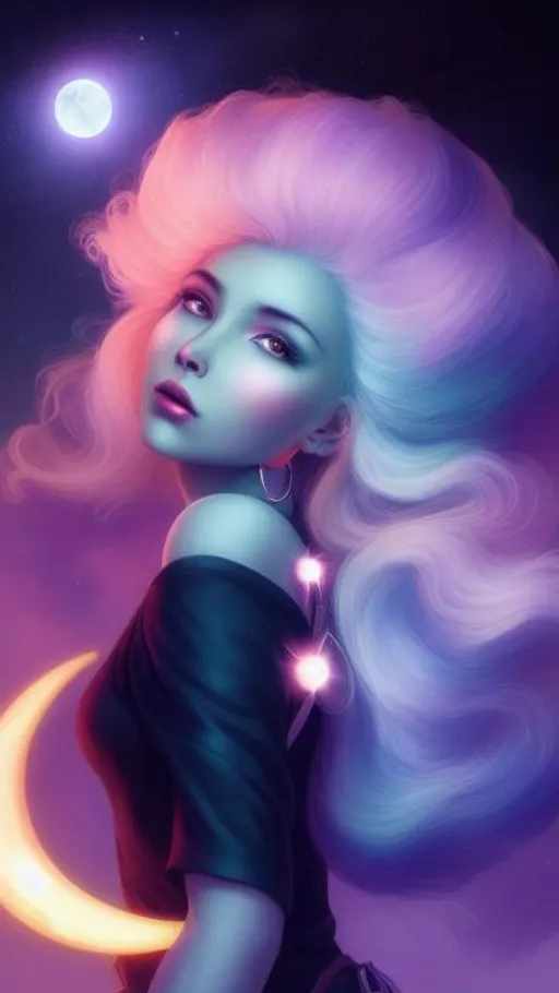 Prompt: beautiful cool girl with cosmic hairstyle. Her Hair is made of white puff glowing clouds in a updo held by glowing shooting stars, planets and the moon. dramatic lighting coming from the planets, aesthetic, inspiring, creative, hyperdetailed, rim lighting, art by artgerm , Peter mohrbacher, Greg rutkowaski, Tom Bagshaw, WLOP, digital art, smooth, aesthetic, glow, shimmer