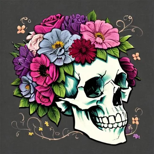 Prompt: Skull and flowers in pastel colors