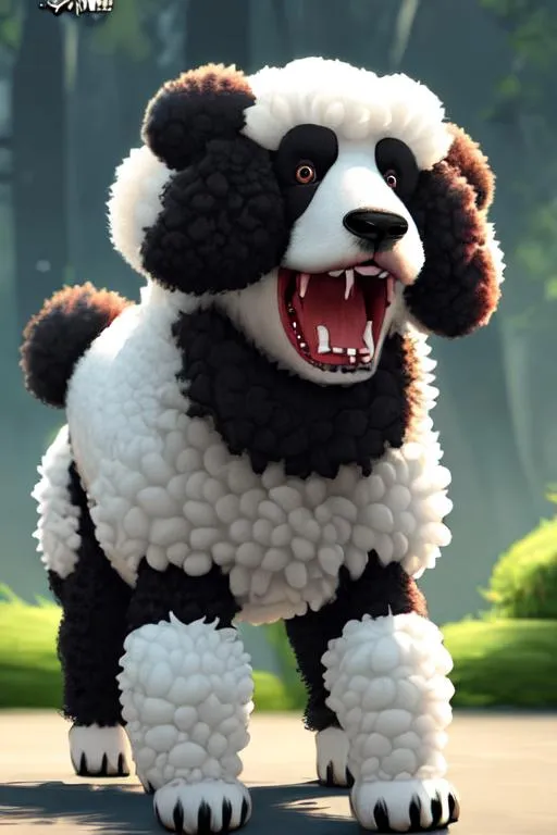 Prompt: Poodle dog Realistic 4k growling and a bleeding panda 