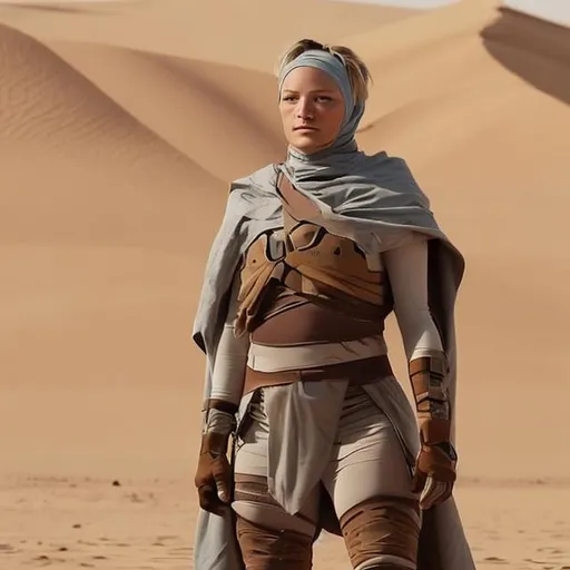 Prompt: dani speegle beautiful, blue eyes, terrorist, tuscan raider, RPG, Rocket launcher,  hijab, fremen armor, dune, white bandage arms, brown cape, cloth poncho, scifi military armor