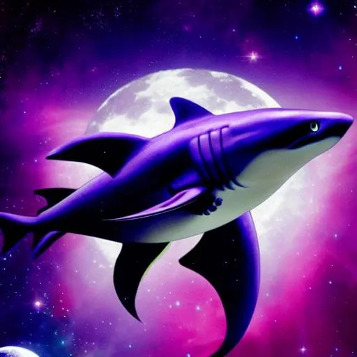 Prompt: scifi, purple shark in middle of movie poster, full moon in center of background, nebula background, purple neon lighting, ruins background