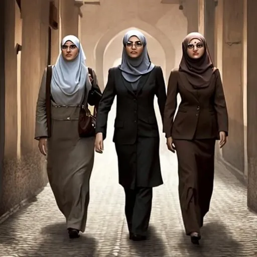 Prompt: Three female Muslim spies with no background
