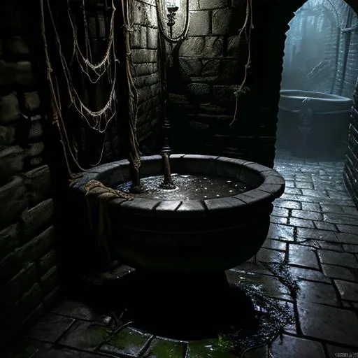 Prompt: a fantasy rpg underground dungeon sewer with a water basin with floating water and roots and spiderwebs, garbage in a corner, dark horror scenery,  photorealistic , ultra detailed, hyperrealistic, surreal, matte painting, unreal engine 5, UHD, first player sight

