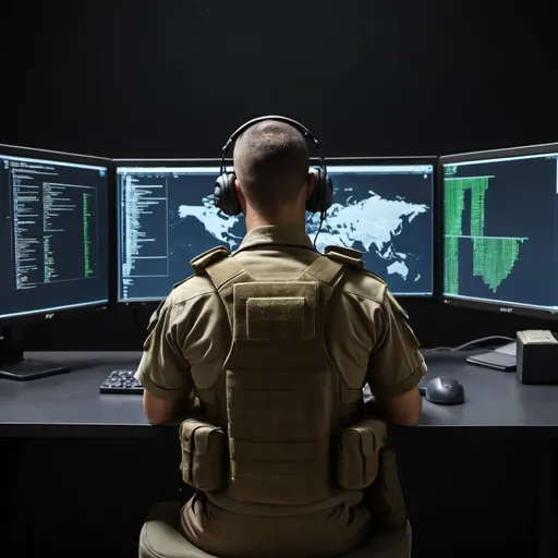 Prompt: IDF soldier sitting next to a big computer, dark background and we see his back