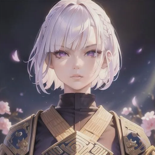 Prompt: (masterpiece, illustration, best quality:1.2), pixie cut hairstyle, white hair, purple eyes, wearing samurai armour, death stare, best quality face, best quality, best quality skin, best quality eyes, best quality lips, ultra-detailed eyes, ultra-detailed hair, ultra-detailed, illustration, colorful, soft glow, 1 girl,  traditional Japanese village as background