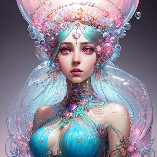 Prompt: Insanely detailed photograph of An elaborate beautiful bubble woman goddess glossy lipstick intricate glistening skin face bright eyes prismatic jelly blue pink clear dress long hair hyperdetailed painting by Ismail_Inceoglu Tom Bagshaw Dan Witz CGSociety ZBrush Central fantasy art 4K, bubbles in background digital painting, digital illustration, extreme detail, digital art, ultra hd, vintage photography, beautiful, tumblr aesthetic, retro vintage style, hd photography, hyperrealism, extreme long shot, telephoto lens, motion blur, wide angle lens, deep depth of field, warm, anime Character Portrait, Symmetrical, Soft Lighting, Reflective Eyes, Pixar Render, Unreal Engine Cinematic Smooth, Intricate Detail, anime Character Design, Unreal Engine, Beautiful, Tumblr Aesthetic,  Hd Photography, Hyperrealism, Beautiful Watercolor Painting, Realistic, Detailed, Painting By Olga Shvartsur, Svetlana Novikova, Fine Art