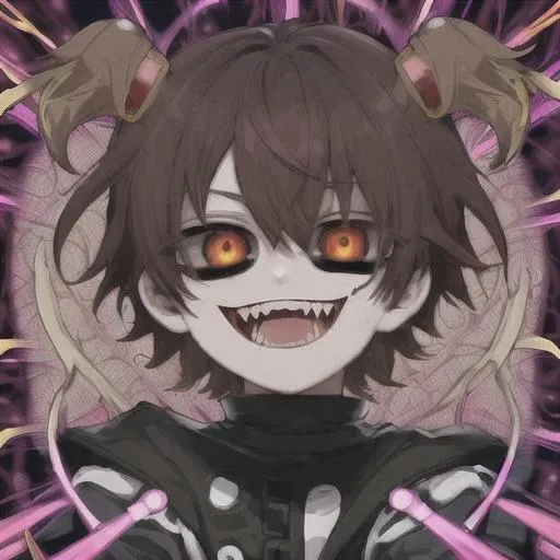 Prompt: insane, cute anime boy, brown hair, smiling, trippy background, demon behind, zoomed out, fangs, aesthetic mask, scars, no horns, hands on face 