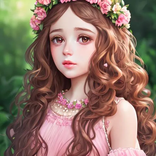 Prompt: 4K, full hd, glossy soft glass skin girl, baby pink lips, detailed face, brown curly long hair, long dress, floral crown, full pic 