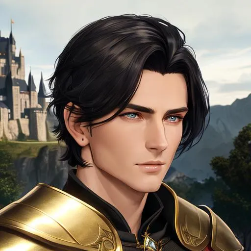 Prompt: Portrait of Gilthien with short hair. Castle city background. He is ethereal. His ears are human and his skin is tan. His jawline is strong. His hair is black. His eyes are golden and his hair is short. He is cleanshaven. Wears black dark armor, with a raven emblem. He has a shining silver halo. Dark room. Low light., Greg Rutkowski, John William Waterhouse, Alphonse Mucha. (vibrant colors:4), full hd, high quality, 4k, trending on artstation, oil painting, symmetrical, intricate, highly detailed, cell shaded
