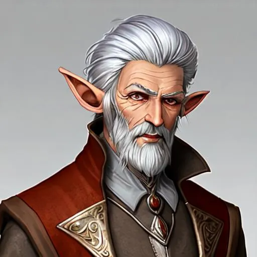 Prompt: older Elf Wizard with Silver Hair in a Rust colored Suit