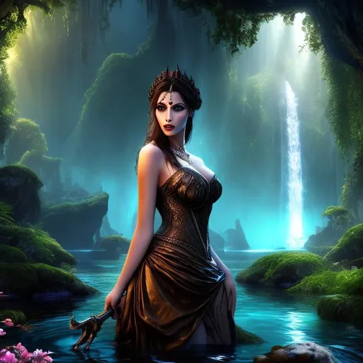 Prompt: HD 4k 3D 8k professional modeling photo hyper realistic beautiful woman ethereal greek goddess of the Underworld river and hatred
mysterious goth brown hair dark eyes gorgeous face brown skin shimmering dark dress with jewelry full body surrounded by magical glowing light hd landscape background dark underworld river waterfall cave