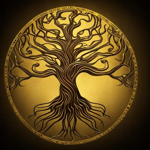 Prompt: tree life gold Yggdrasil dark background