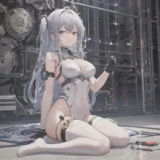 1girl masterpiece best quality sitting full body indoors 1 mechanical girl locked on a hangar