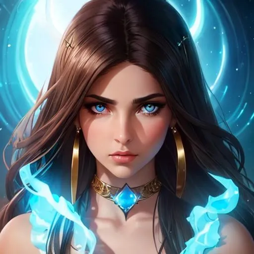 Prompt: She looked stubborn because of her frown,Naomi Scott, but she was a beauty. Uniquely, she had brown hair and brown pupils demonic birth from insanity dimension by peter mohrbacher, beautiful face, cute nose, beautiful blue eyes, beautiful legs, masterpiece, 8K