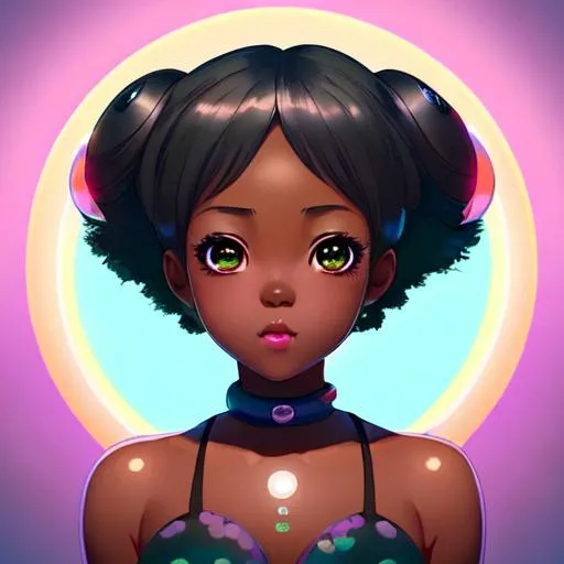 Prompt: beautiful girl, cute, blissful, black skin,  kawaii, anime Character Portrait, Looking At Camera, Symmetrical, Soft Lighting, Cute Big Circular Reflective Eyes, Pixar Render, Unreal Engine Cinematic Smooth, Intricate Detail, anime Character Design, Unreal Engine, Vintage Photography, Beautiful, Tumblr Aesthetic, Retro Vintage Style, Hd Photography, Hyperrealism, Beautiful Watercolor Painting, Realistic, Detailed, Painting By Olga Shvartsur, Svetlana Novikova, Fine Art, Soft Watercolor