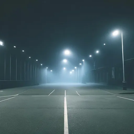 Prompt: Empty parking lot at night with fog