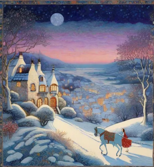 Prompt: Inlay Aubusson tapestry: a winter enchanted beautiful princess and her white horse, a whimsical village landscape background under a beautiful twilight night sky art by Jane Small, Edmund Dulac, Iris Scott, John Lowrie Morrison, Regina Valluzzi, Thomas Edwin Mostyn, Barbara Takenaga, John Piper, Abanindranath Tagore, John Bauer. 3/4 portrait, beautiful pastel aquarelle colours, crispy quality, cinematic smooth, polished finish, high quality, very clear resolution, blue, gold and rose tones, metallic glow