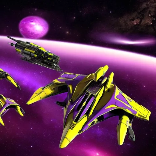 Prompt: The starship 5011.
Purple and yellow are the starship 5011s colors. The ship is drifting through the cosmos.  The Android crew on there mining mission. 