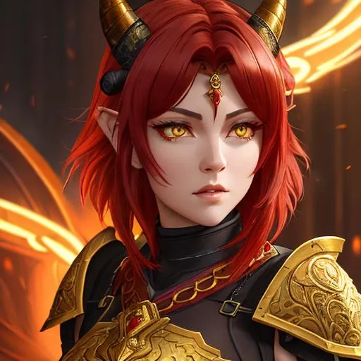 Prompt: "Full body, oil painting, fantasy, anime portrait of a young half-orc woman with short red hair and beautiful yellow eyes, horns | wearing intricate red and gold battle armor, #3238, UHD, hd , 8k eyes, detailed face, big anime dreamy eyes, 8k eyes, intricate details, insanely detailed, masterpiece, cinematic lighting, 8k, complementary colors, golden ratio, octane render, volumetric lighting, unreal 5, artwork, concept art, cover, top model, light on hair colorful glamourous hyperdetailed medieval city background, intricate hyperdetailed breathtaking colorful glamorous scenic view landscape, ultra-fine details, hyper-focused, deep colors, dramatic lighting, ambient lighting god rays, flowers, garden | by sakimi chan, artgerm, wlop, pixiv, tumblr, instagram, deviantart