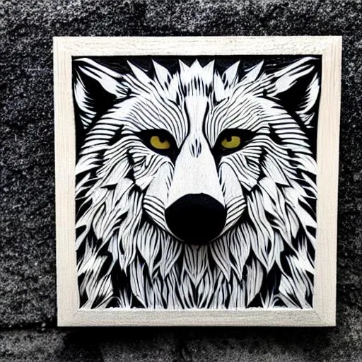 Prompt: monochrome, wolf, square, woodblock style, art, geometric, carved, stoic