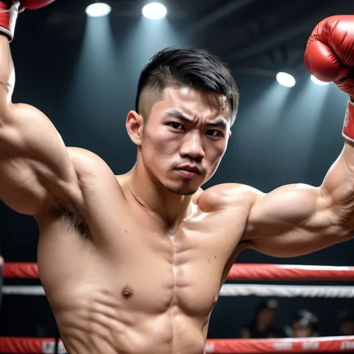 Prompt: high resolution, 4k, detailed, high quality, professional, wide view
Sweaty muscle boxing guy. Big red boxing gloves. Sweaty armpits. Asian young faces. Strong arms raised up to flex muscles.