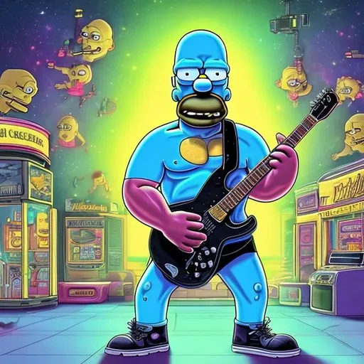 Prompt: Bodybuilding Homer Simpson playing guitar for tips in a busy alien mall, widescreen, infinity vanishing point, galaxy background