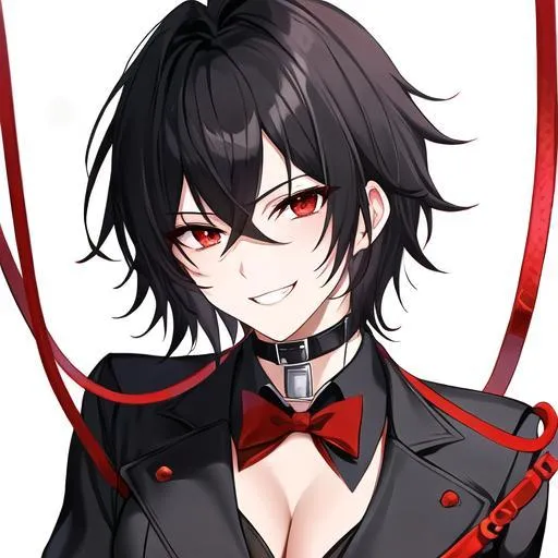Prompt: Damien male, short black hair, red eyes, on his knees, wearing a collar and holding a leash pulling on it. grinning seductively, male, 