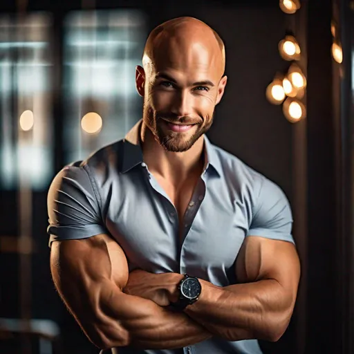 Prompt: Professional full-body  photoshoot of a beautiful, attractive young balding man, wearing a short-sleeve button-up shirt, flexing his biceps, hyperdetailed {symmetrical eyes}, {defined shredded musculature, broad shoulders}, {sultry romantic} smile, center frame, studio light, intricate detail, best quality, uhd, 8k, symmetry  