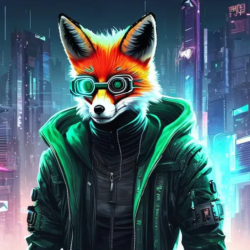 Prompt: cyberpunk
 fox with glasses male green 





