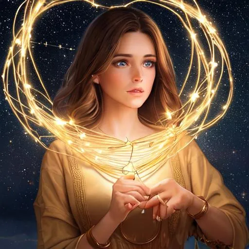 Prompt: A high quality woman with brown hair and hazel eyes with a photo realistic face surrounded by stars a golden glowing string with a light breeze blowing, fantasy, science fiction, beautiful, 