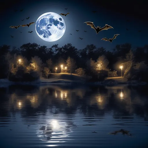 Prompt: A (bright harvest moon) glowing over a serene lake, (realistic) and (natural lighting) casting a silvery reflection on the water's surface, a few (bats) gracefully flying in the foreground, tranquil ambiance, the gentle ripples of the lake, rich hues of midnight blue and soft moonlit silver, (highly detailed), capturing the essence of a quiet autumn night.