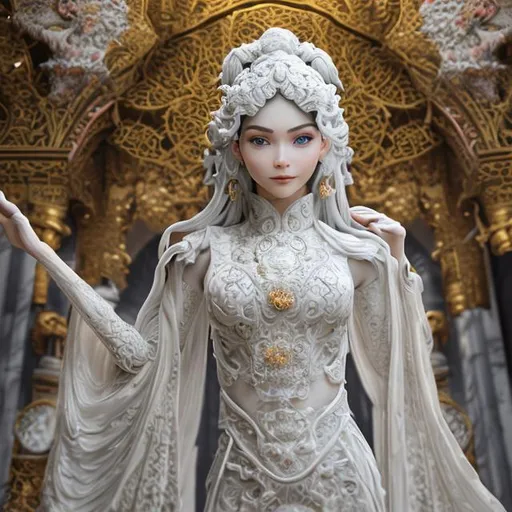 Prompt: A highly detailed ((full-length shot) (white marble sculpture statue) of a (woman with). ((+Hyperrealistic)), (+dress), +concept art, +low shot, ((+intricately detailed, +highly detailed)), +dramatic, +side light, +plain background, +caring, +happy, +smiling, +aodai vietnam, 