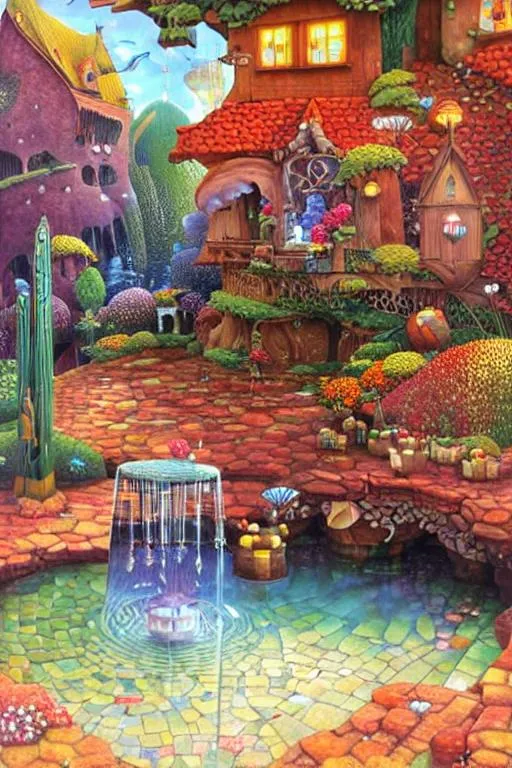 Prompt: A magical fountain  By Gediminas Pranckevicius, Philipp A. Urlich, Laura Hollingsworth, Jacek yerka, Ivan Bilibin, Catrin Welz-Stein. Best quality possible. Clear resolution. Low iridescent glow.