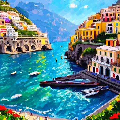 Prompt: colourful amalfi coast image in oil painting style tsaken from the sea looking at the coast
