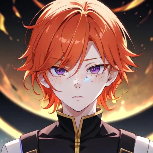 Prompt: Erikku male adult (short ginger hair, freckles, right eye blue left eye purple)  UHD, 8K, insane detail anime style, looking to the side